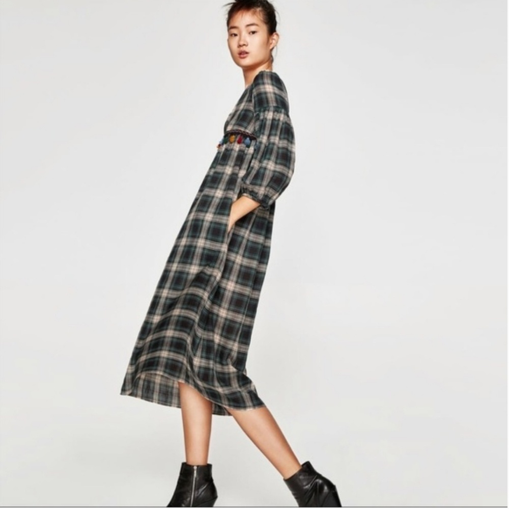 Zara Green Flannel Maxi Dress New XS